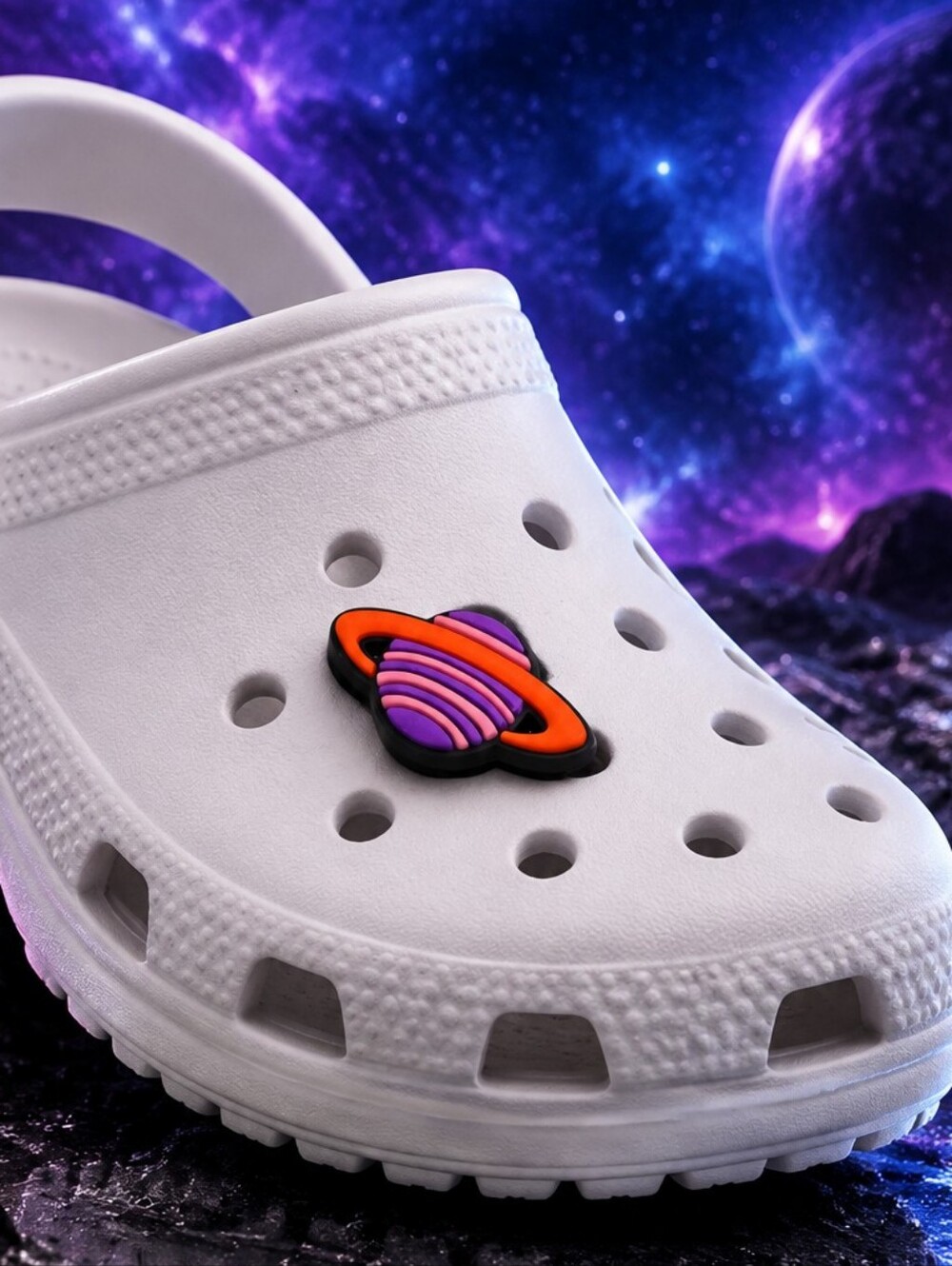 Purple Saturn Planet Croc Shoe Charm Jibbitz Style Space Galaxy Cosmic Accessory